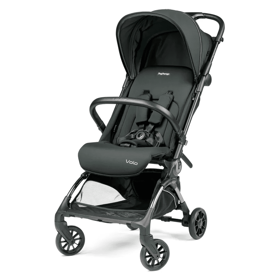 Peg Perego VOLO Travel Stroller in dark green with canopy, 5-point harness visible, ready to roll.