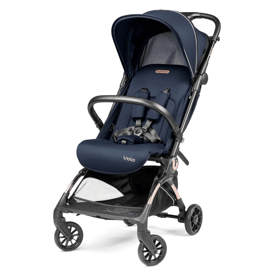 Peg Perego VOLO Travel Stroller in navy with extended canopy and buckled 5-point harness for secure strolling.