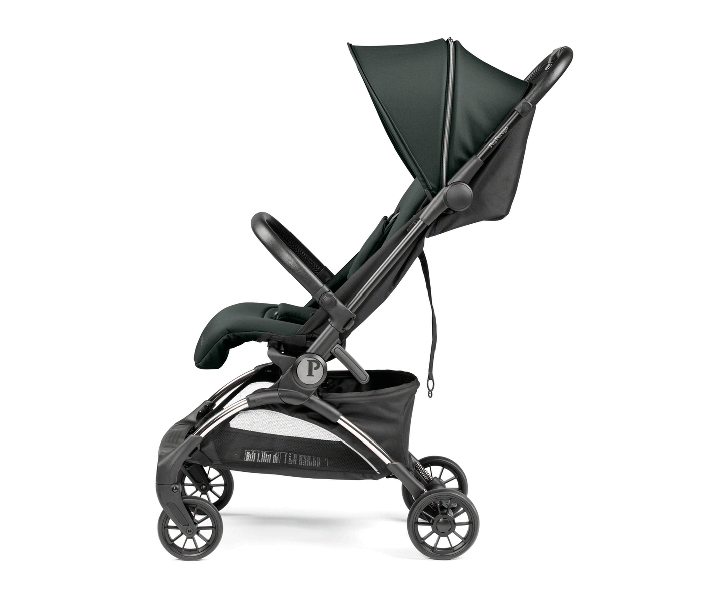 Peg Perego VOLO Travel Stroller in dark green, side profile with extended canopy and accessible storage basket.