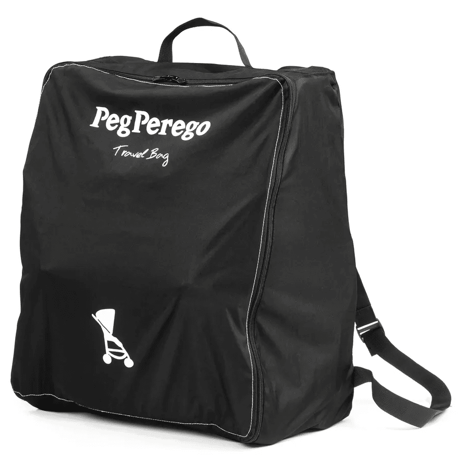 Peg Perego VOLO Travel Stroller bag in black with white logo, zip closure, and adjustable shoulder strap visible.