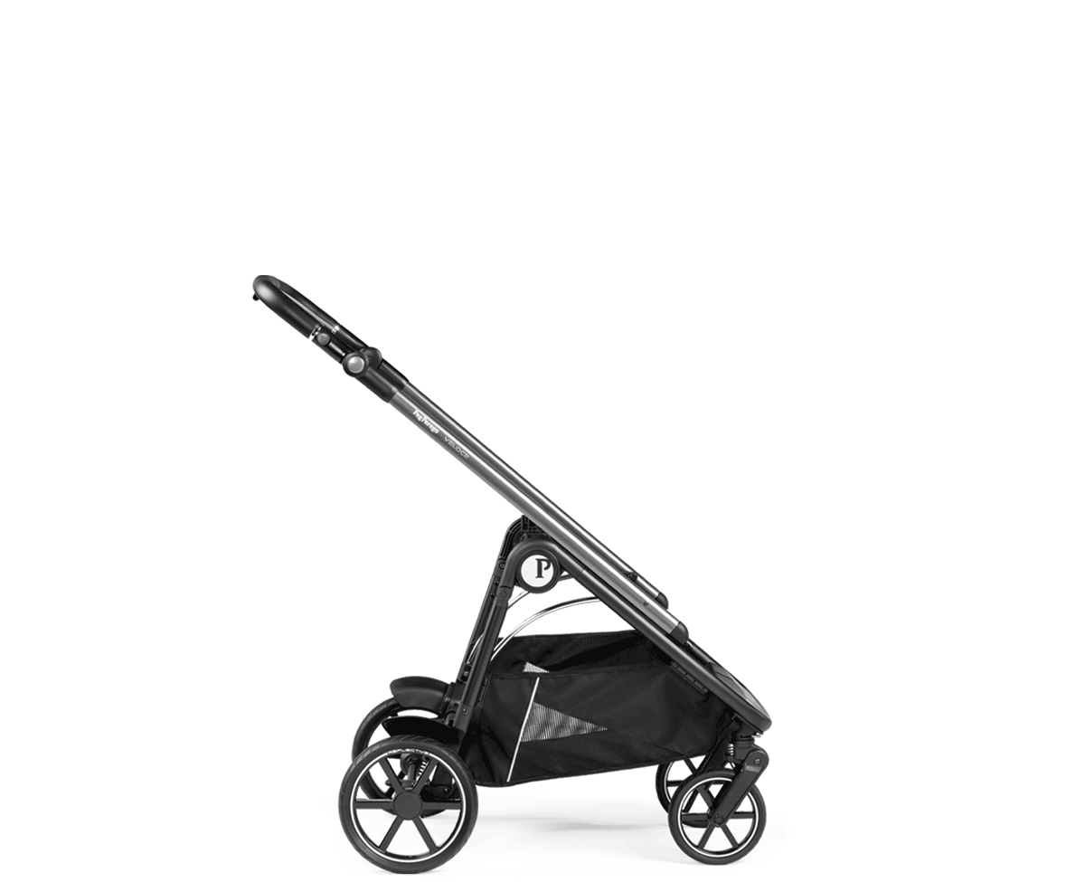 Peg Perego Veloce Stroller with foot muff in black, showing adjustable handle and roomy under-seat basket.