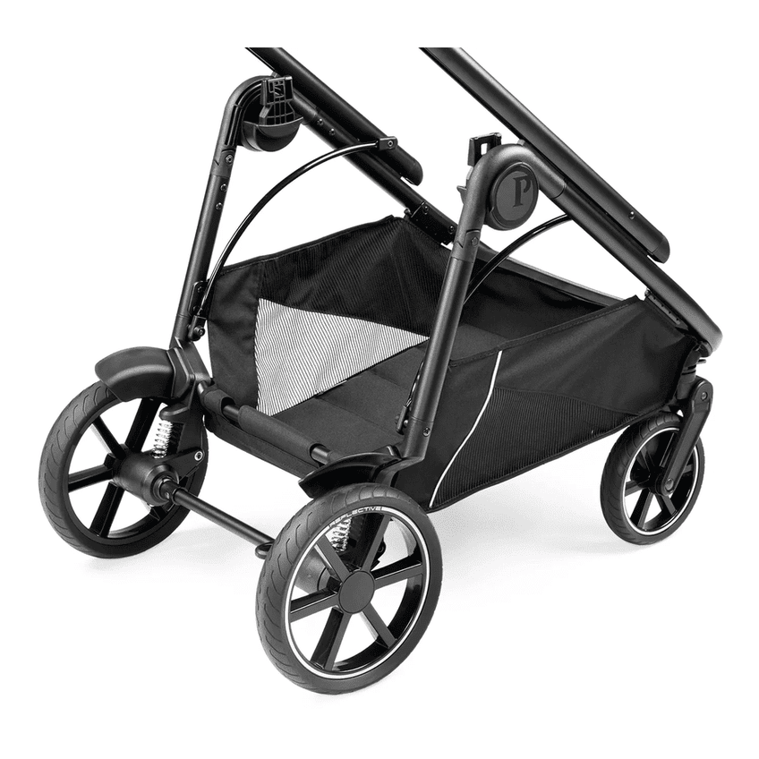 Peg Perego Veloce Stroller in black with mesh storage basket and large wheels ready to roll.