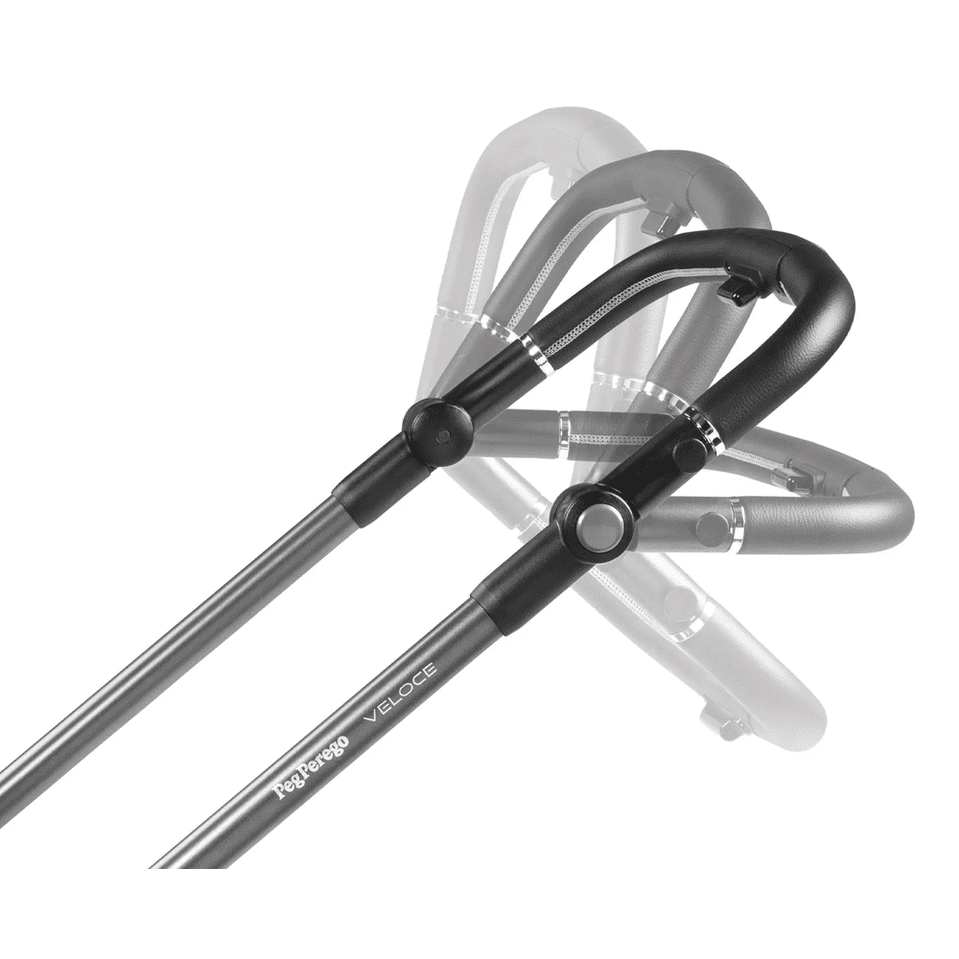 Peg Perego Veloce Stroller with foot muff, black-silver frame and cushioned handles demonstrating folding feature.