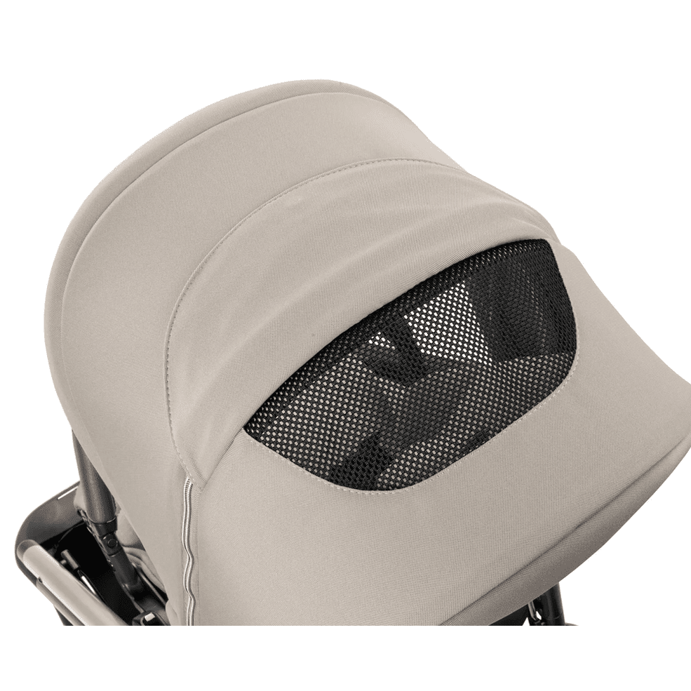 Peg Perego Velcoe TC Stroller beige canopy with mesh window, showcasing breathable sunshade and sturdy frame.