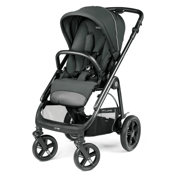 Peg Perego Veloce TC Stroller in dark green with padded reclining seat and sun canopy on a sturdy four-wheel chassis.