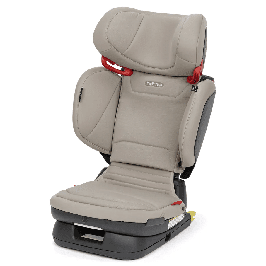 Peg Perego Viaggio Flex 120 booster seat in beige attached to a car seat base with red connectors.