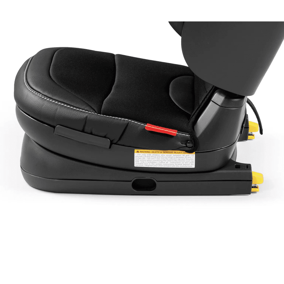 Peg Perego Viaggio Flex 120 Booster Seat in black with yellow latches, shown mounted with padded cushion.