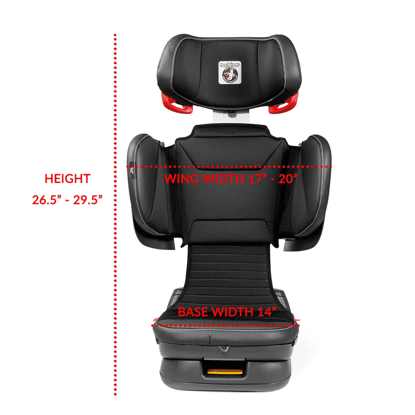 Peg Perego Viaggio Flex 120 Booster Seat in black with adjustable height 26.5–29.5 in and wing width 17–20 in.