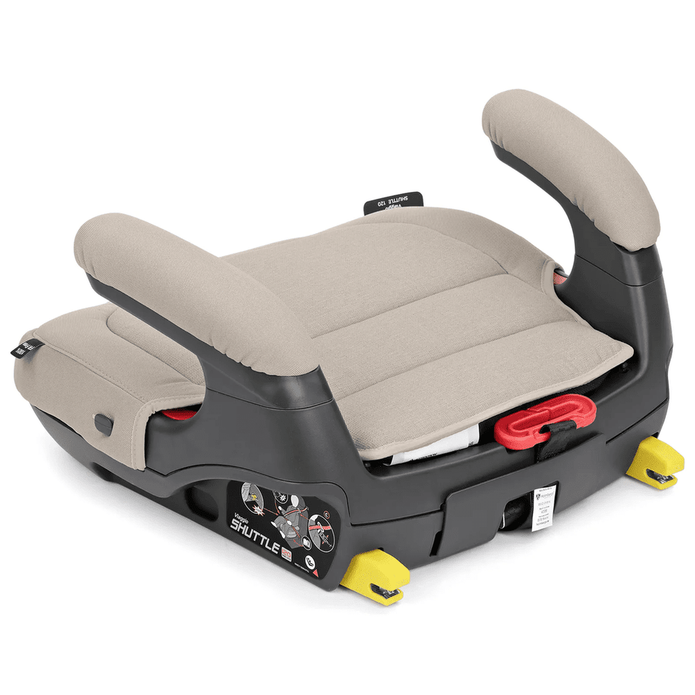 Peg Perego Viaggio Shuttle Booster Seat in beige with yellow latches and sturdy armrests ready for secure installation.