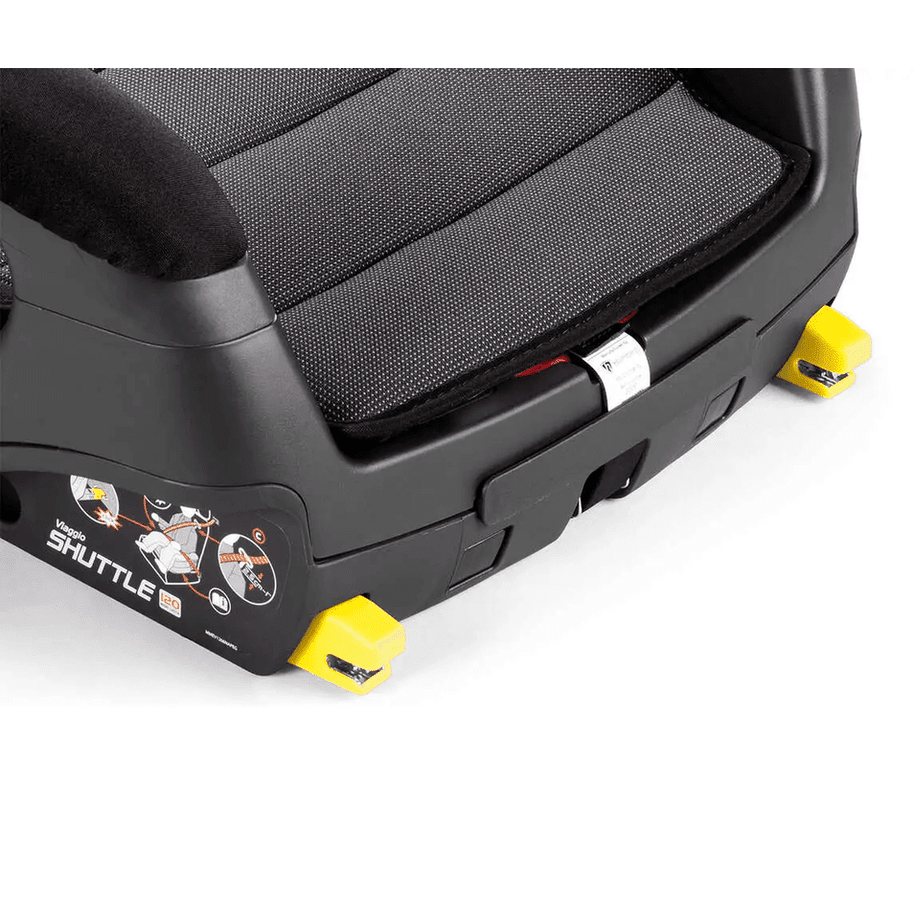 Peg Perego Viaggio Shuttle Booster Seat in black with yellow locking latches engaged for secure mounting.