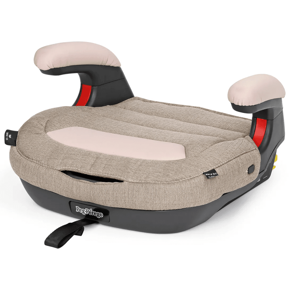 Peg Perego Viaggio Shuttle Booster Seat in beige fabric with pink padded armrests on a black base