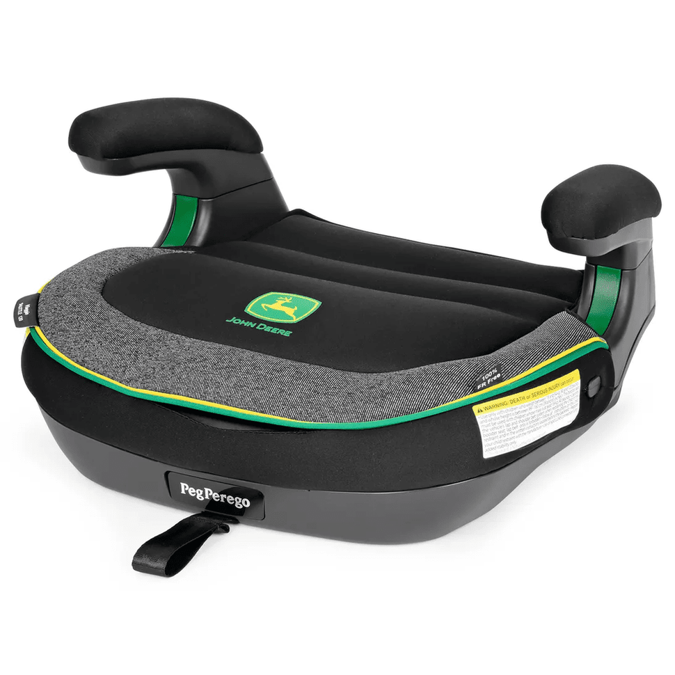 Peg Perego Viaggio Shuttle booster seat in black with green trim, showing padded armrests and belt guide for easy secure installation.