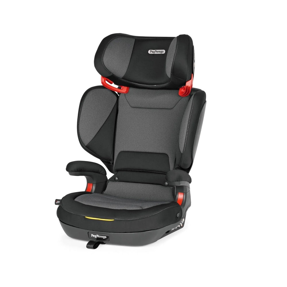 Peg Perego Viaggio Shuttle Plus 120 booster seat in black/gray with red latches, featuring adjustable headrest.