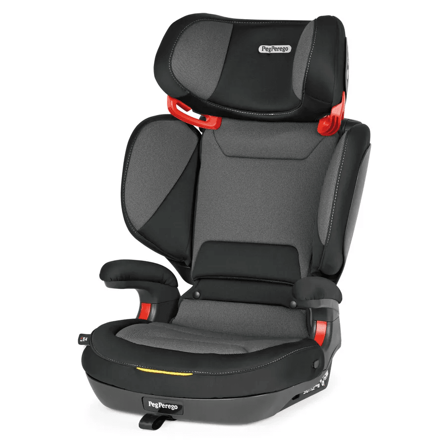 Peg Perego Viaggio Shuttle Plus 120 booster seat in black/gray with red latches and padded headrest.