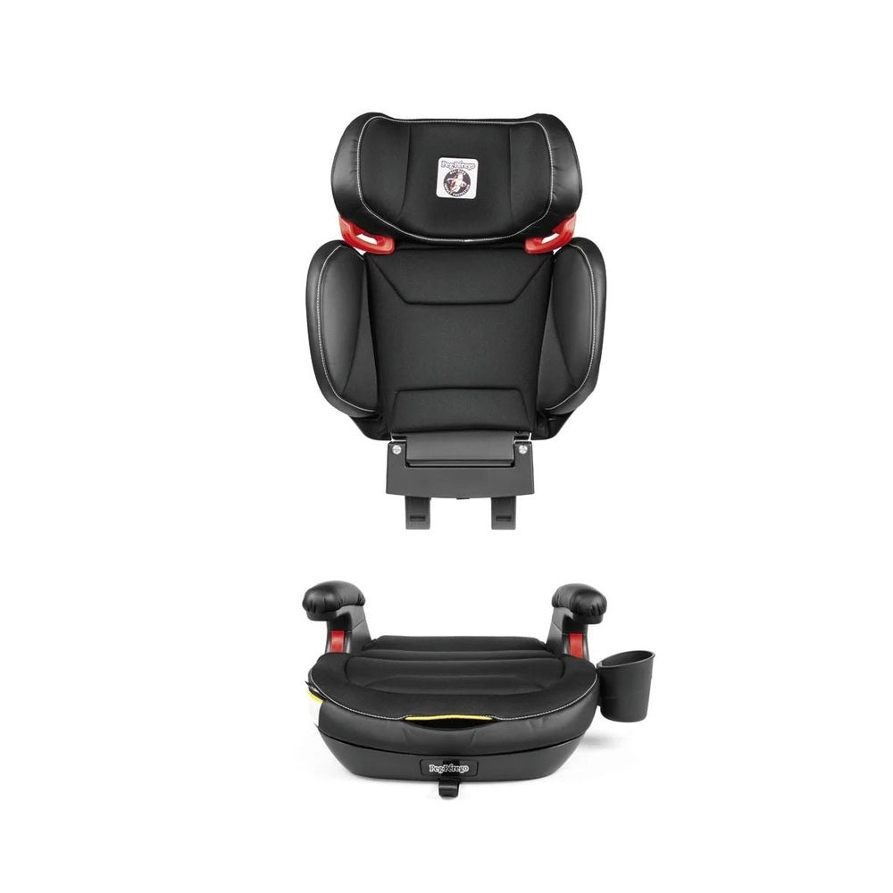 Peg Perego Viaggio Shuttle Plus 120 booster seat in black with red accents, cup holder visible.