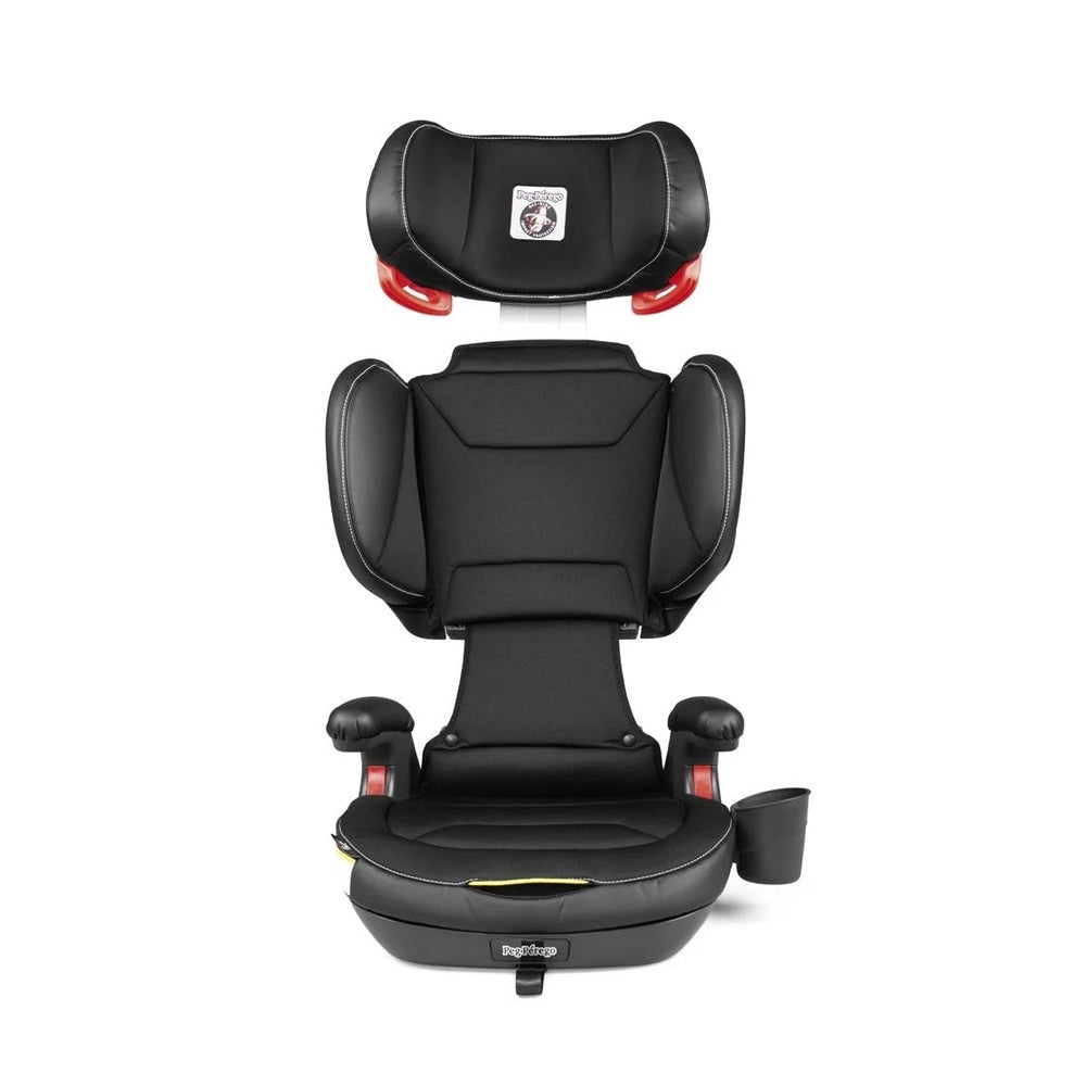 Peg Perego Viaggio Shuttle Plus 120 booster seat in black with red accents, showing tall backrest and cushioned side wings.