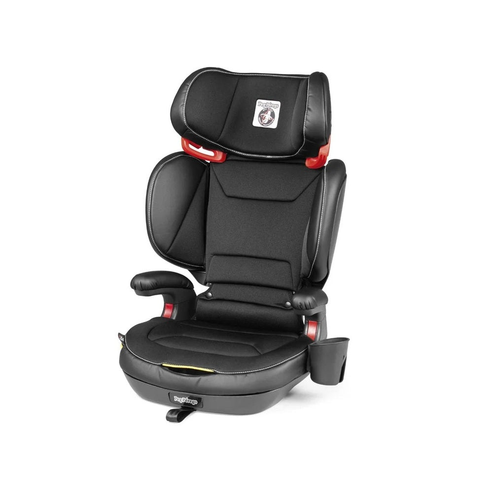 Peg Perego Viaggio Shuttle Plus 120 booster seat in black with red accents, showing tall headrest and side wings.