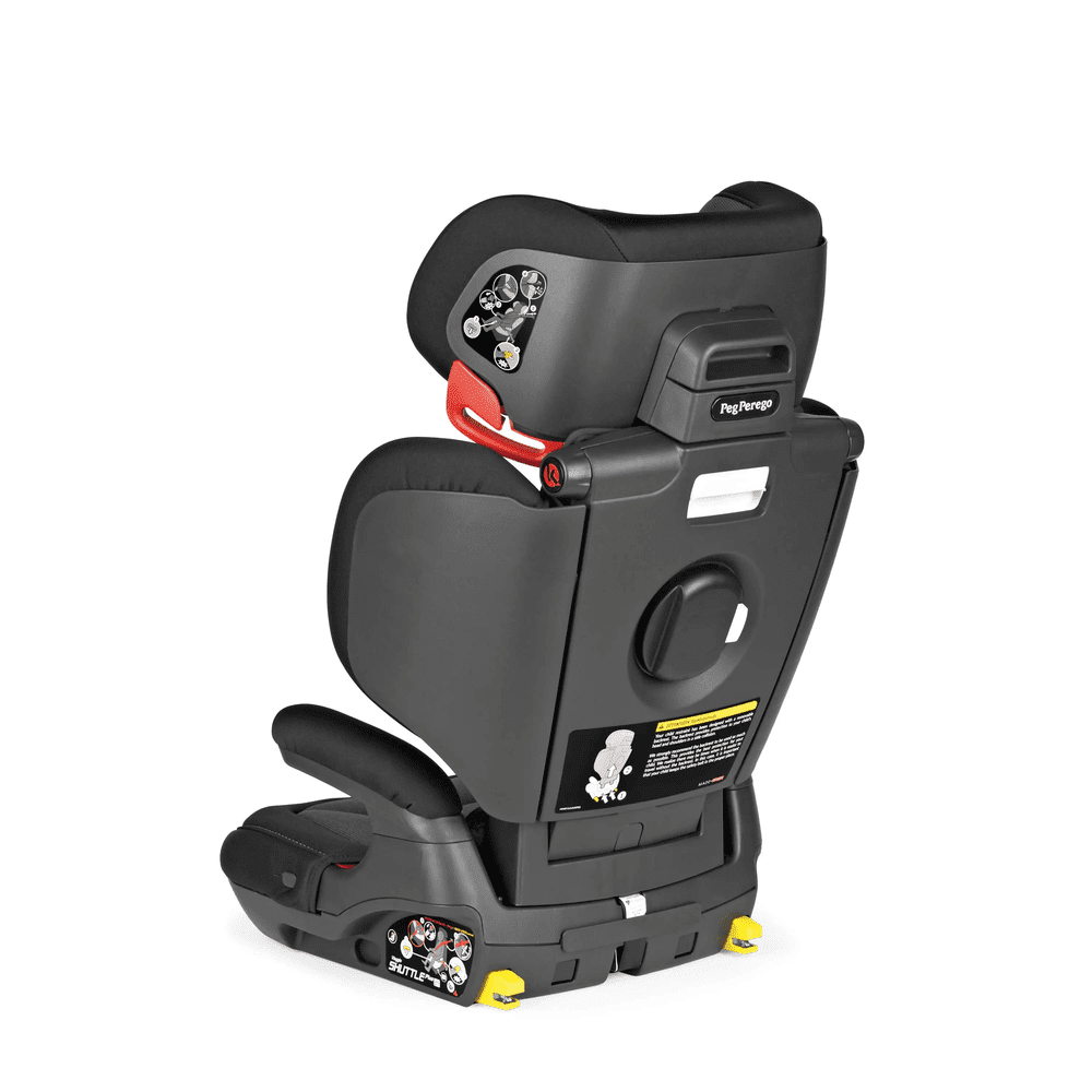 Peg Perego Viaggio Shuttle Plus 120 booster seat in black with adjustable headrest and yellow latches.