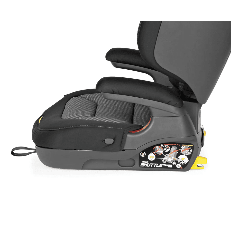 Peg Perego Viaggio Shuttle Plus 120 booster seat in black/gray fabric with yellow LATCH locks