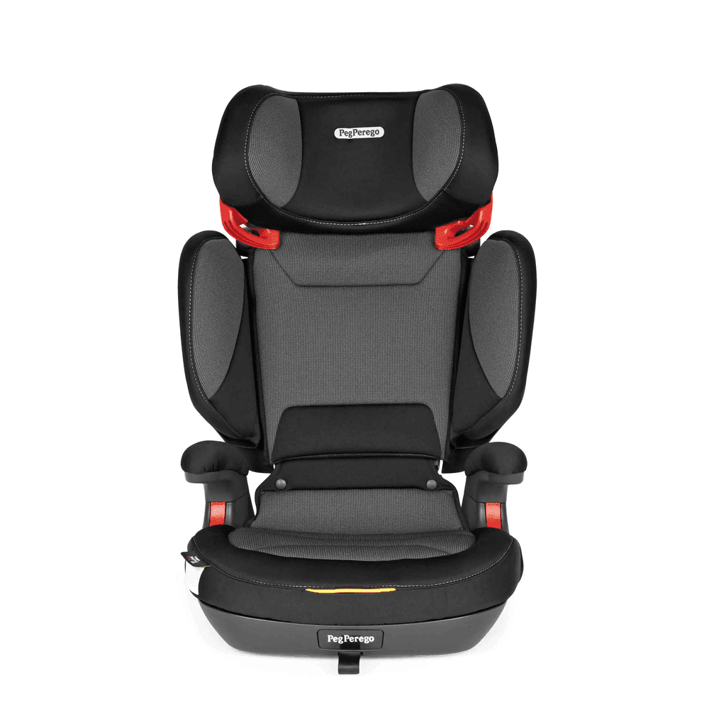 Peg Perego Viaggio Shuttle Plus 120 booster seat in black-gray with red latches, upright for safe seating.