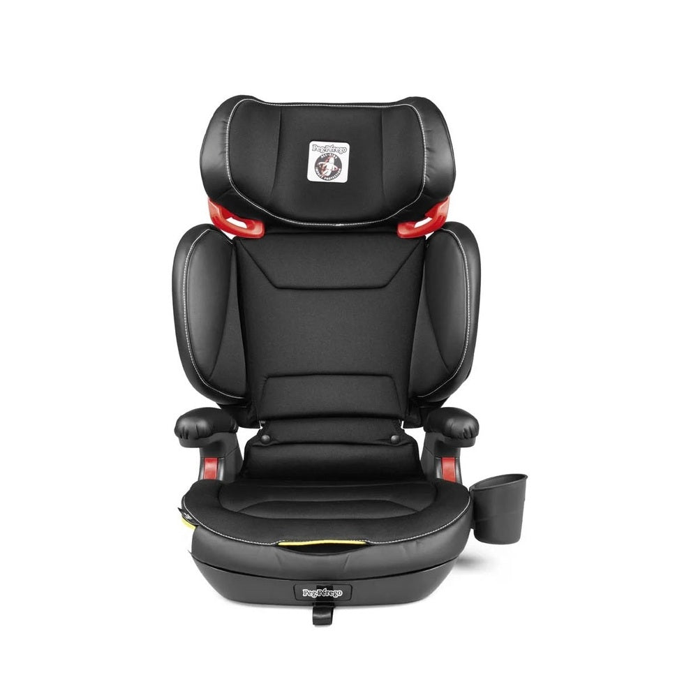 Peg Perego Viaggio Shuttle Plus 120 booster seat in black with red accents and built-in cup holder