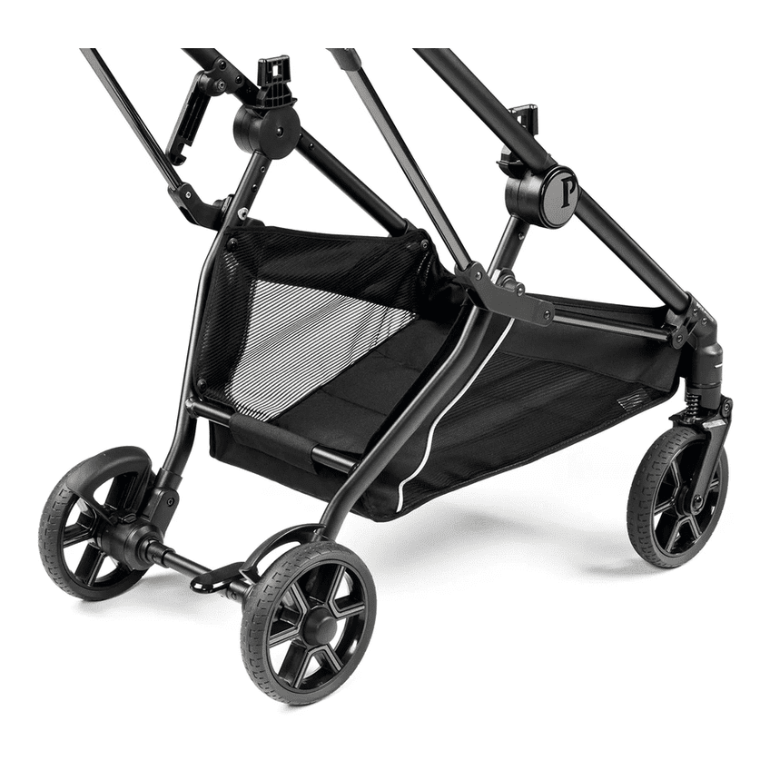 Peg Perego Vivace Stroller Chassis in black with mesh storage basket and four wheels.