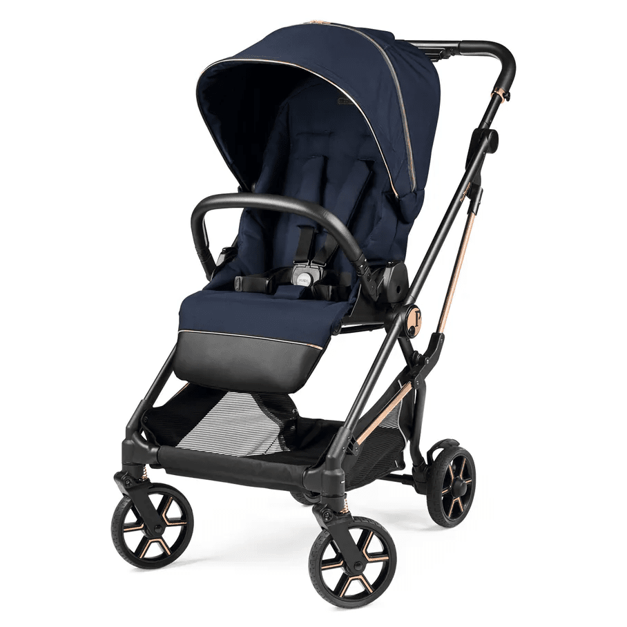 Peg Perego Vivace Stroller navy with copper accents; canopy extended, harness secured, foot muff included.