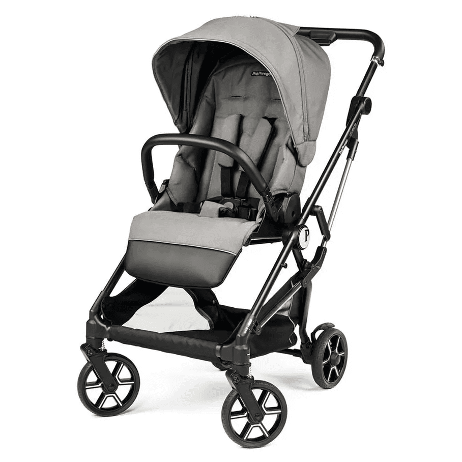 Peg Perego Vivace Stroller in grey with canopy and foot muff, 4‑wheel frame, ready to stroll.