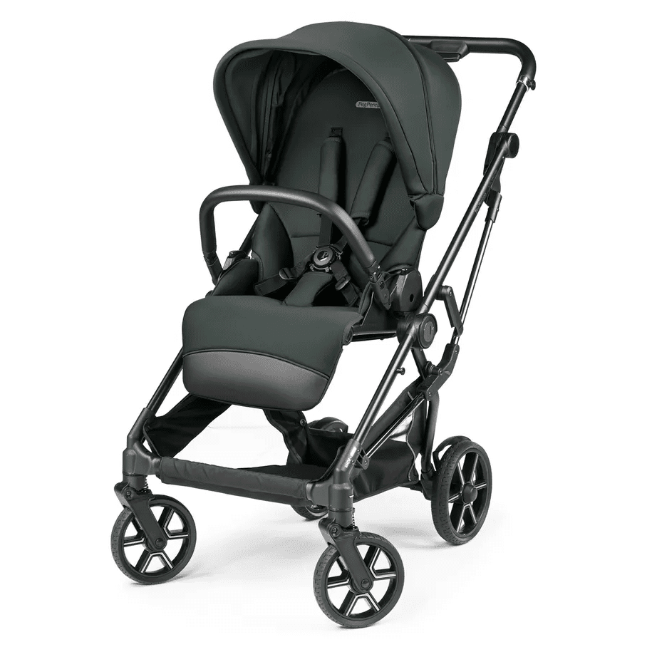 Peg Perego Vivace Stroller in dark green with foot muff; reclined seat and all-terrain wheels.