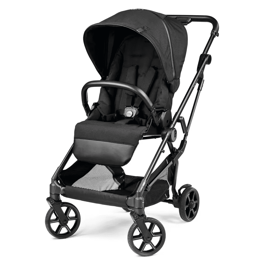 Peg Perego Vivace Stroller in black with canopy and foot muff, shown ready for a smooth stroll.