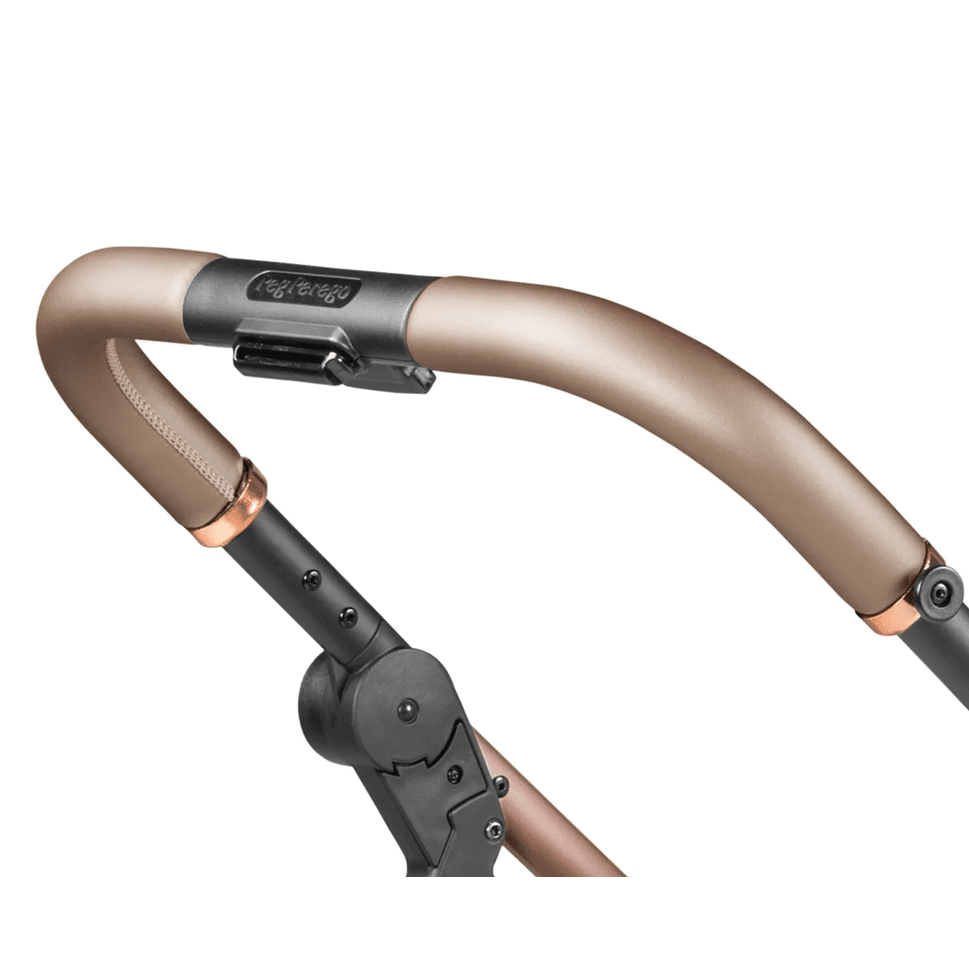Peg Perego Vivace Stroller in rose-gold, with adjustable handlebar shown locking at the joint.