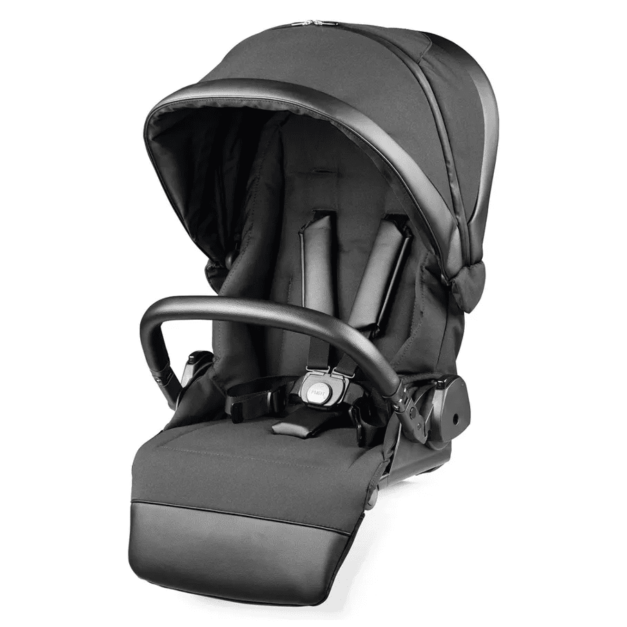 Peg Perego Vivace Stroller Seat in black, showing harness straps buckled and sun canopy raised.
