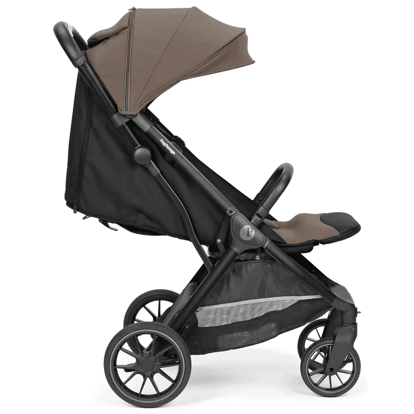 Peg Perego X-Country Travel Stroller in black with tan canopy, showing a sturdy frame and large all-terrain wheels for smooth motion.