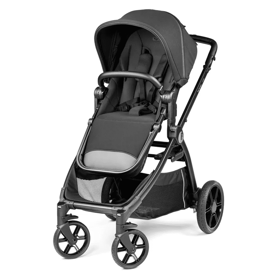 Peg Perego YPSI Companion Seat stroller in dark gray with canopy, five-point harness, and large wheels.