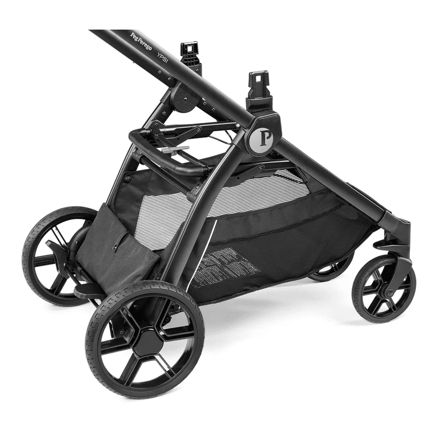 Peg Perego YPSI Stroller, black frame with large wheels and mesh storage basket, ready for transport.