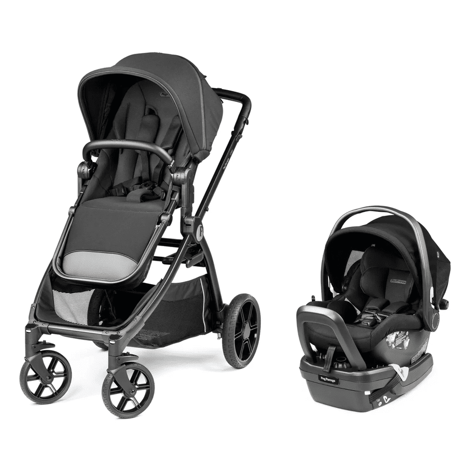 Peg Perego YPSI Travel System: black/gray stroller with adjustable seat and detachable infant car seat.