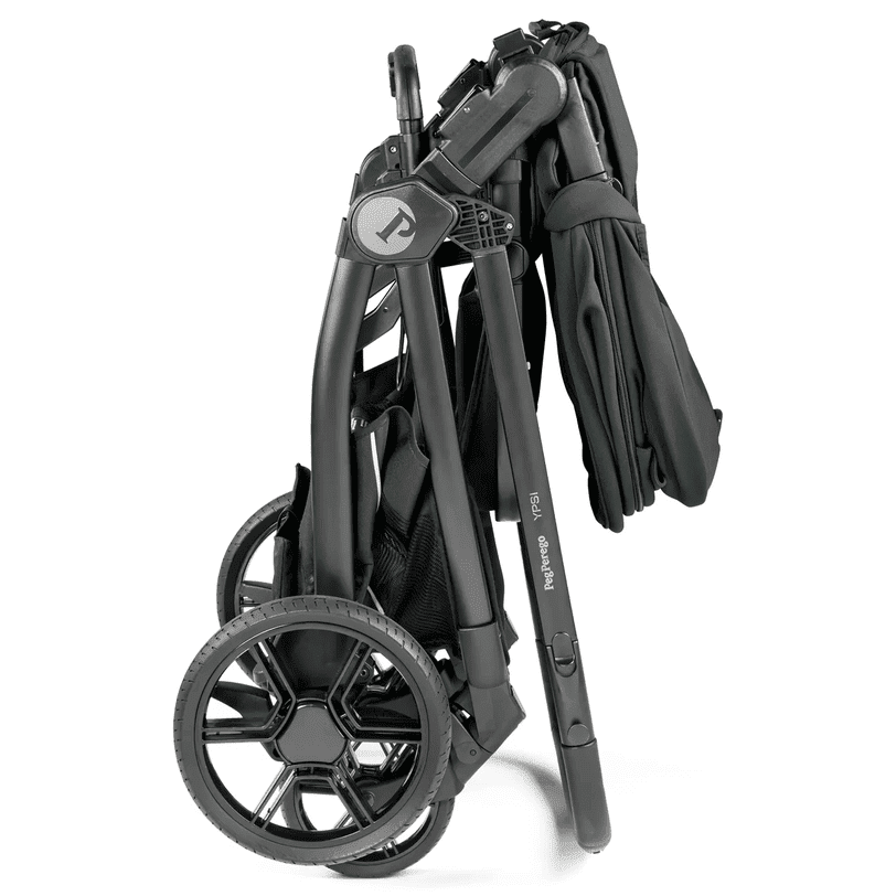 Peg Perego YPSI Travel System in folded black frame with wheels ready for storage.