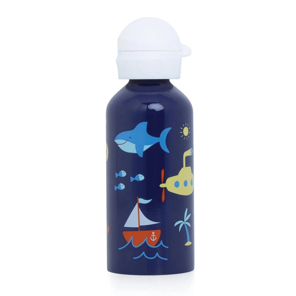 Penny Scallan stainless steel drink bottle in navy nautical print with sharks, submarine and sailboat.