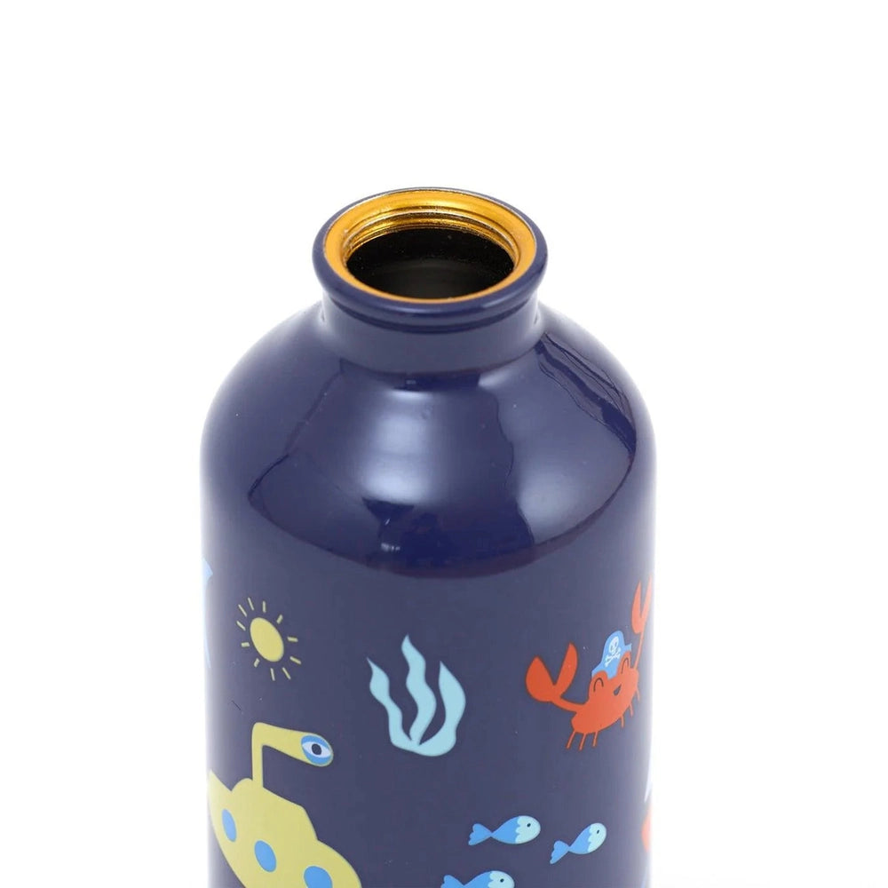 Penny Scallan stainless steel drink bottle, blue with marine illustration accents