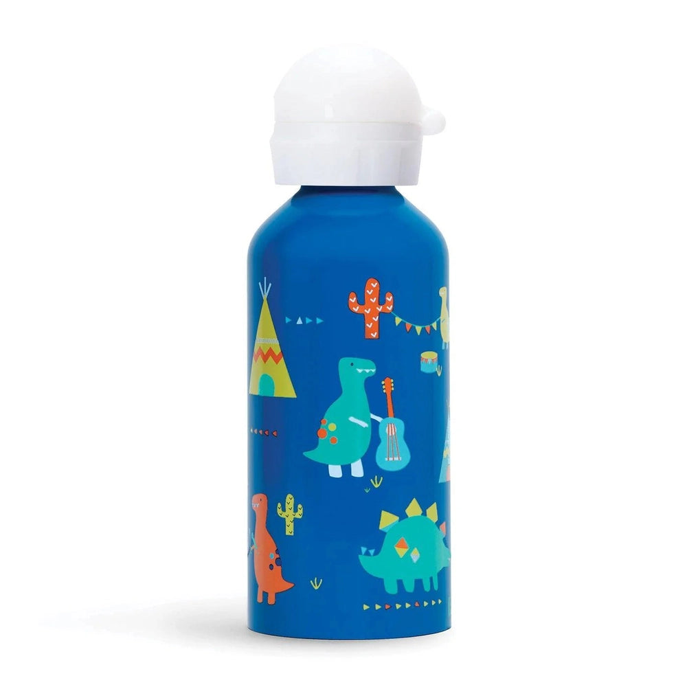 Penny Scallan drink bottle, blue stainless steel with colorful dinosaur illustrations