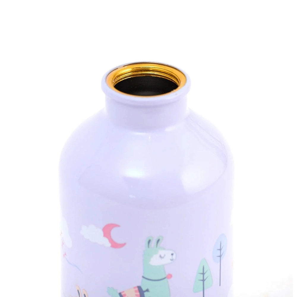 Penny Scallan stainless steel drink bottle, pastel purple with a playful llama illustration for toddlers