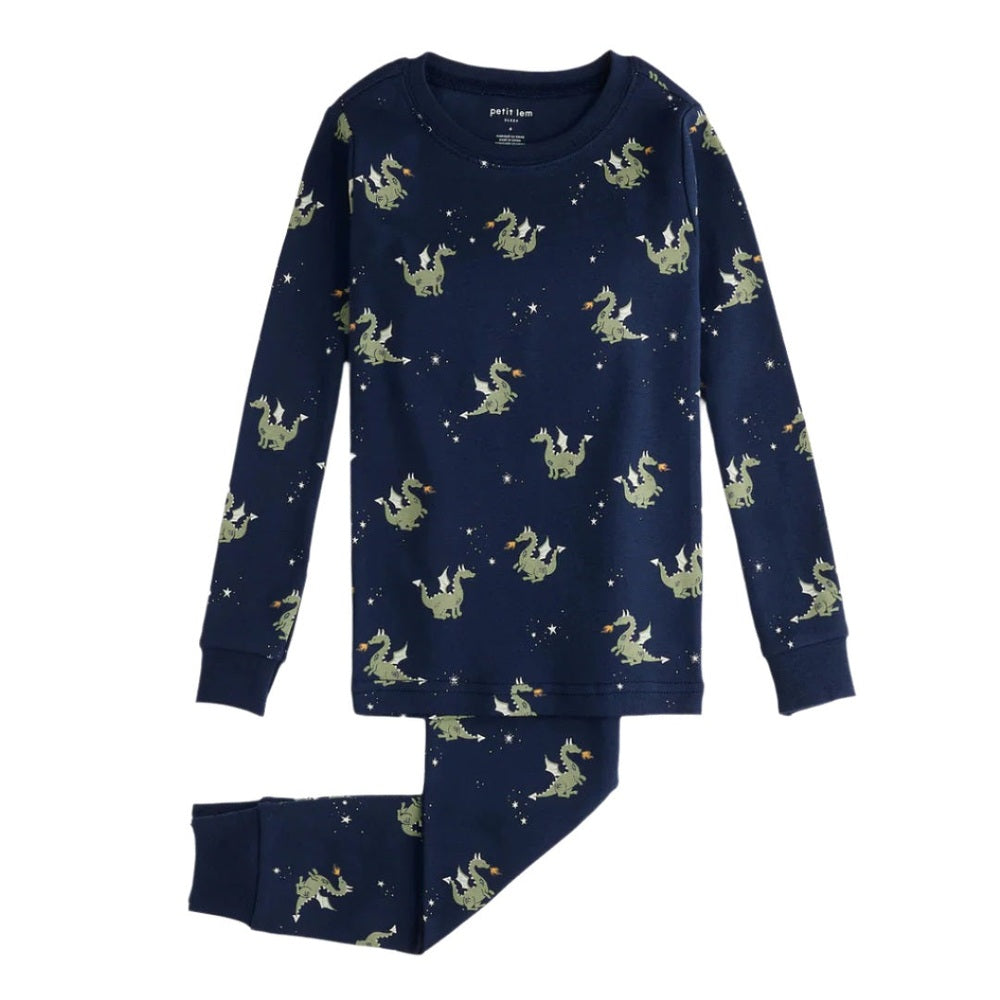 Petit Lem Fire-Breathing Dragon Print On Navy Blue Pj Set: navy long-sleeve top and pants covered in green dragon prints