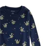 Petit Lem Fire-Breathing Dragon Print On Navy Blue Pj Set