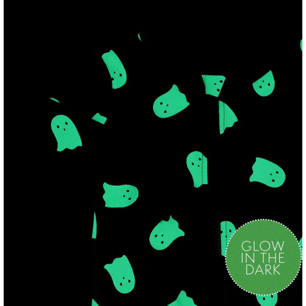 Petit Lem Ghosts Glow In The Dark Sleeper on black fabric, green ghosts glow in the dark.