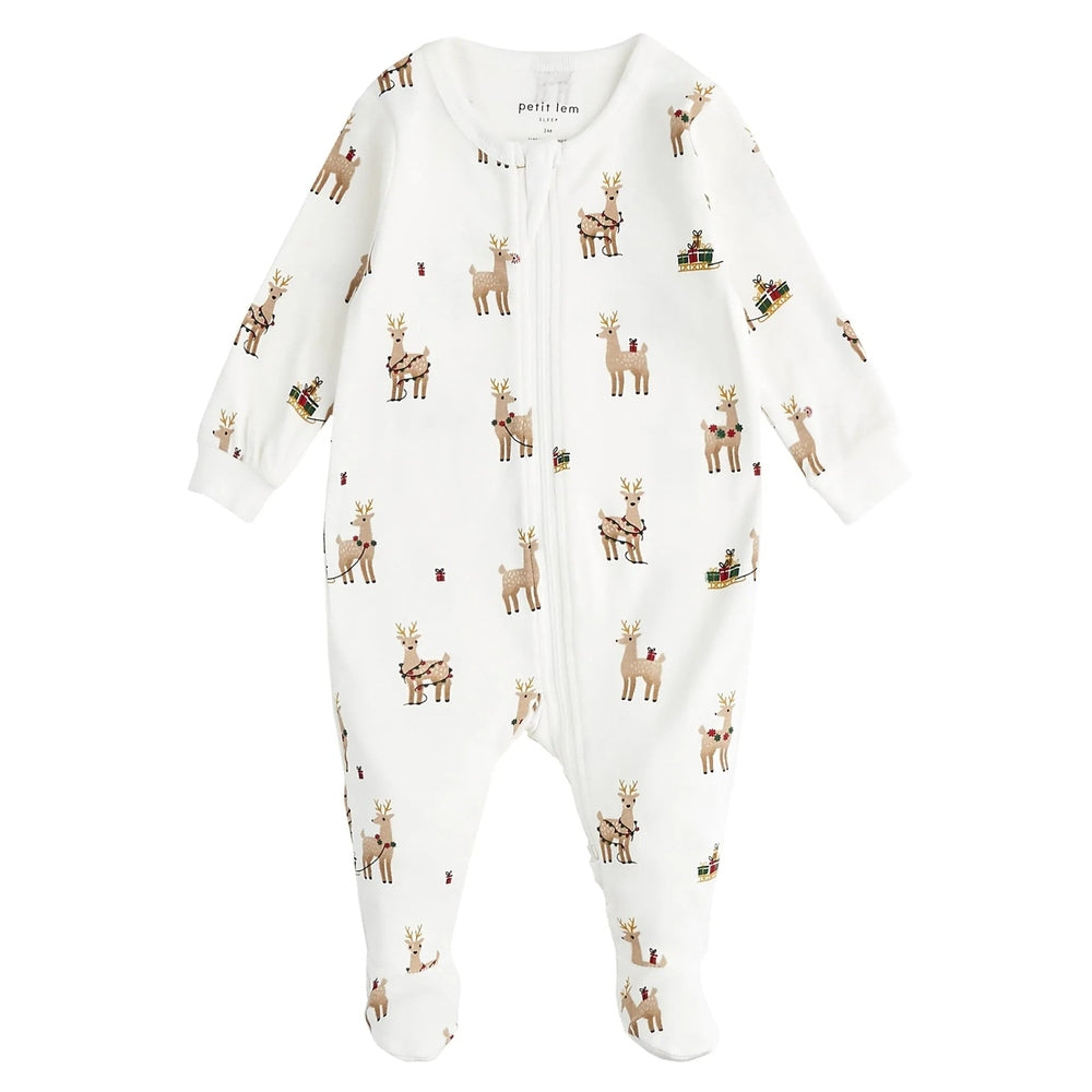 Petit Lem Rudy and Friends Sleeper, white footed baby onesie with reindeer and gift prints, zipper front.