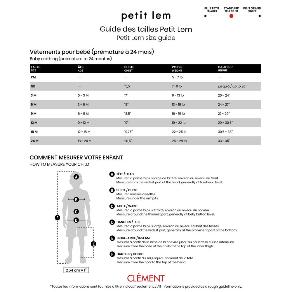 Petit Lem Rudy and Friends Sleeper size guide with chest/weight/height ranges and measurement diagram.