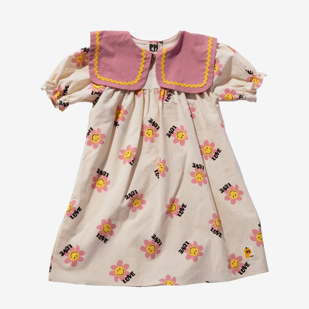Petite Hailey Big Collar Dress Daisy Ivory; ivory dress with pink oversized collar and yellow trim, featuring pink daisies and LOVE print.