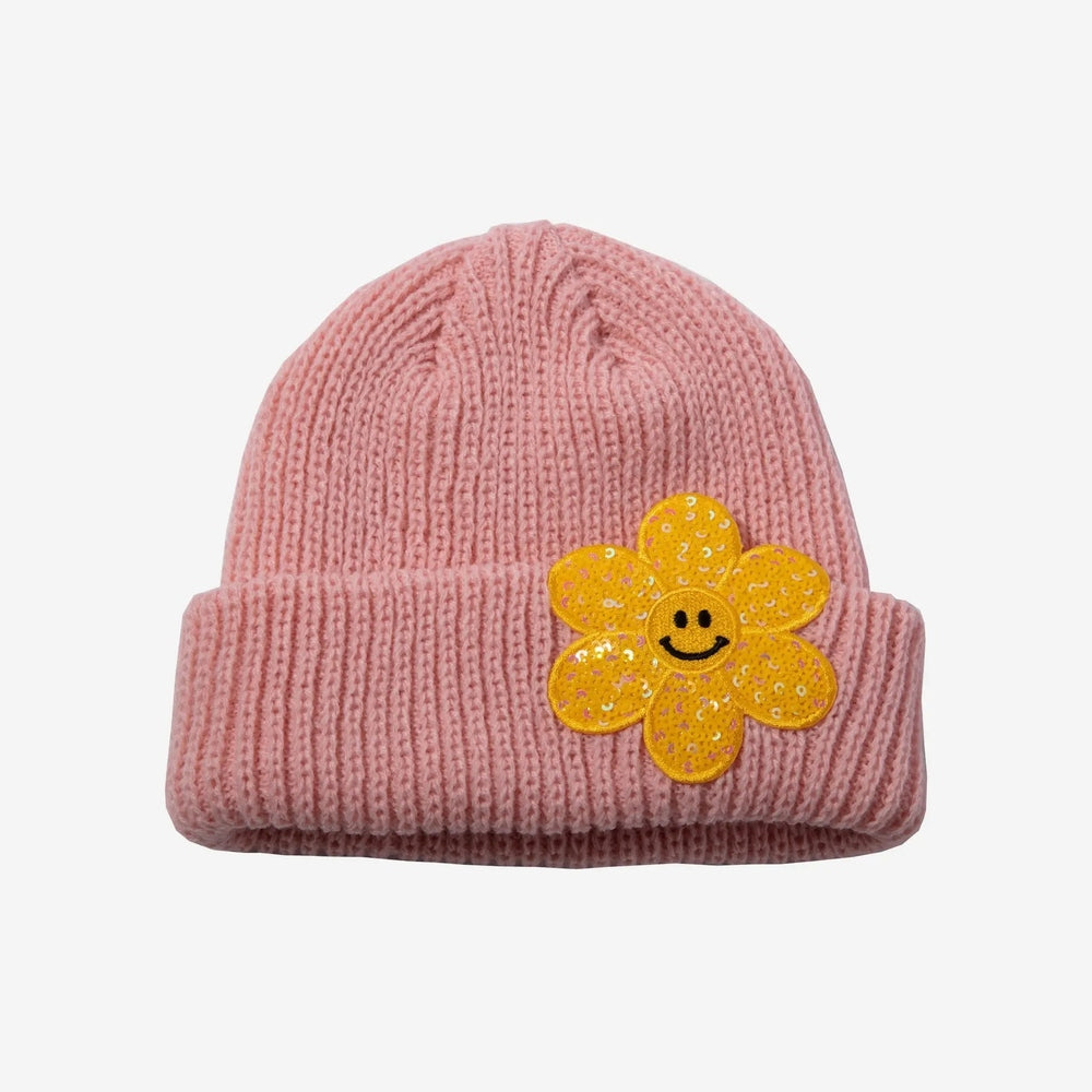 Petite Hailey Daisy Beanie Pink for baby, pink ribbed knit with a yellow sequined daisy patch sewn on the cuff.