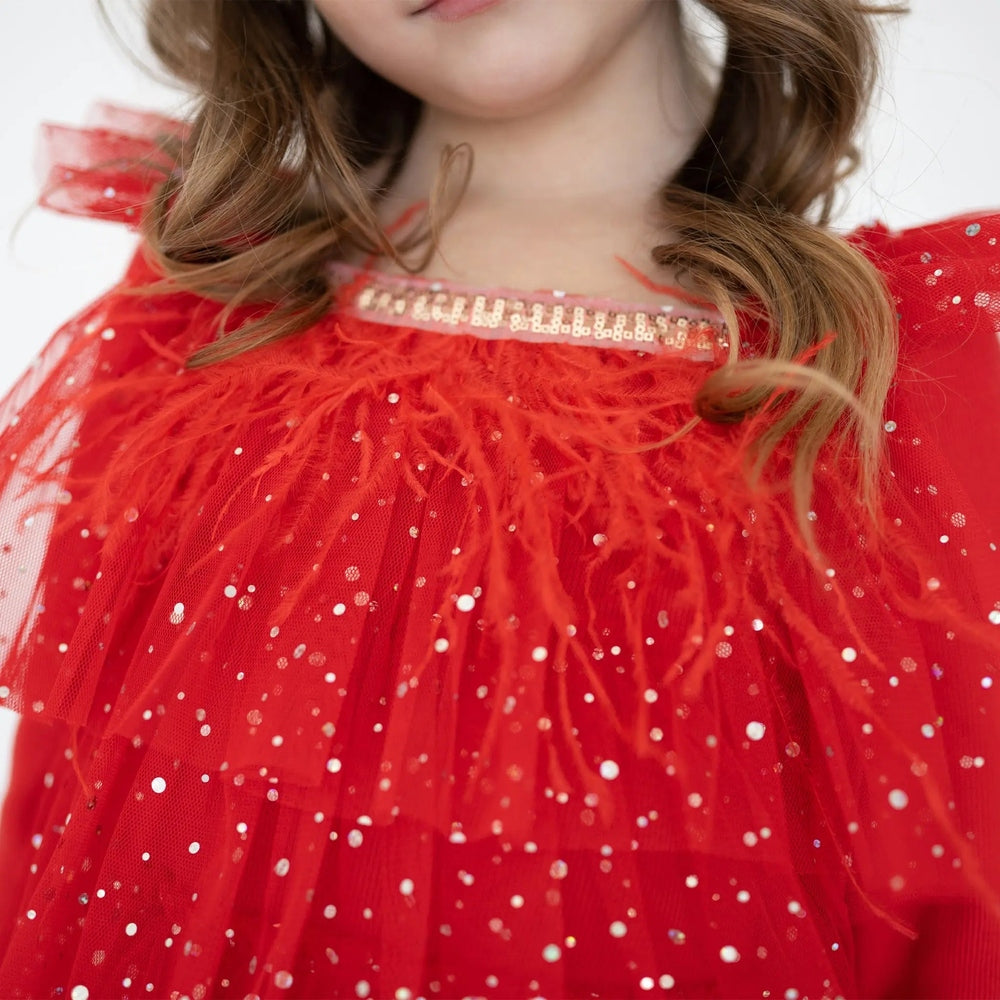 Petite Hailey Dot Layered Tutu Red dress with sparkly tulle and white dot confetti, sequined neckline.