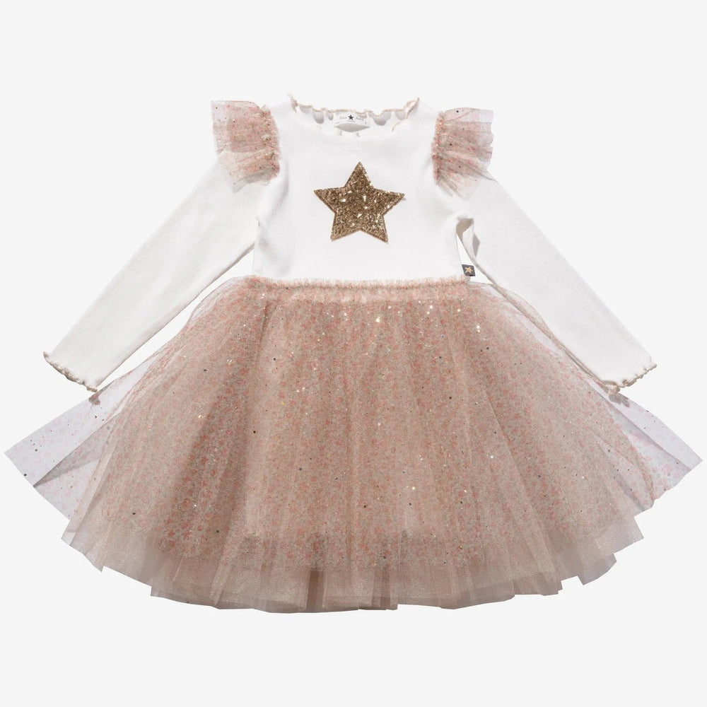 Petite Hailey Frill Flower Tutu: white top with gold star and pink glitter tulle skirt worn together.
